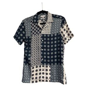 Reiss Jamie Navy White Patchwork Tile Print Short Sleeve Button Down Shirt XS